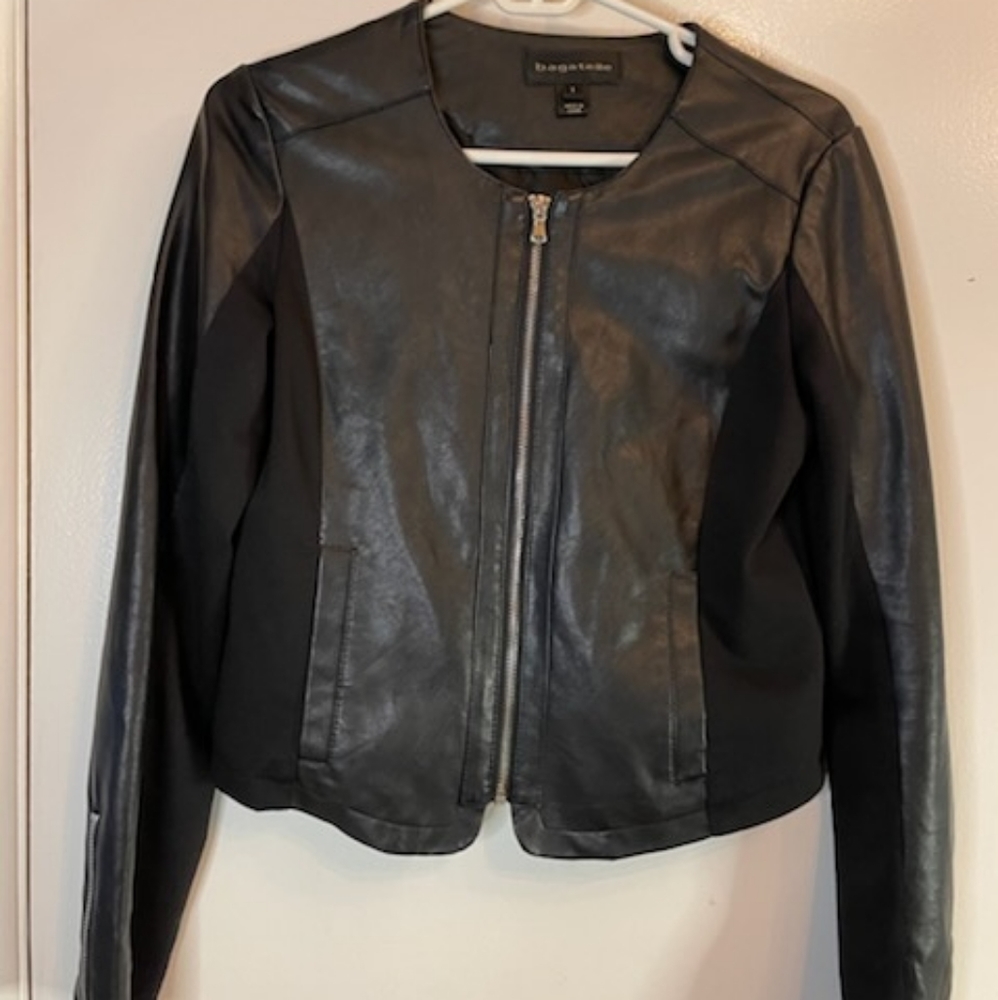 EUC Bagatelle faux black leather moto jacket. Size Small. Slightly cropped.
